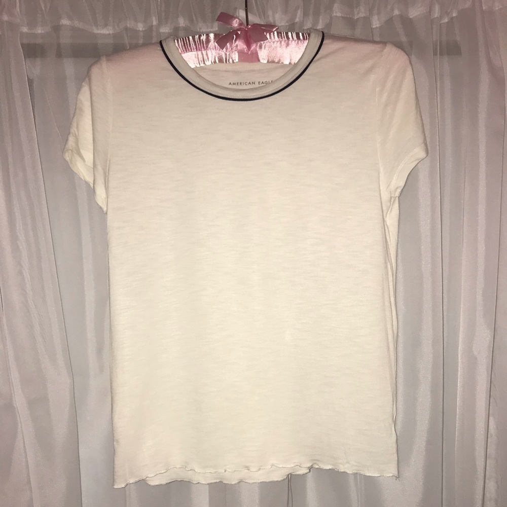 American Eagle White Tee with Black Collar Trim :)